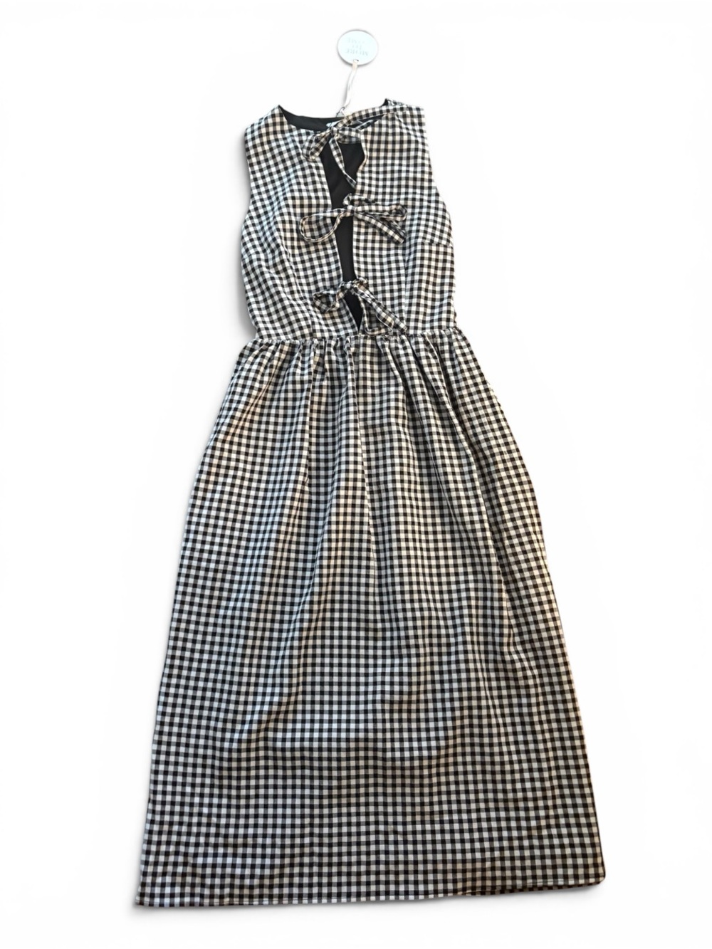 Women’s Black and White Gingham Midi Dress with Tie-Back Detail.